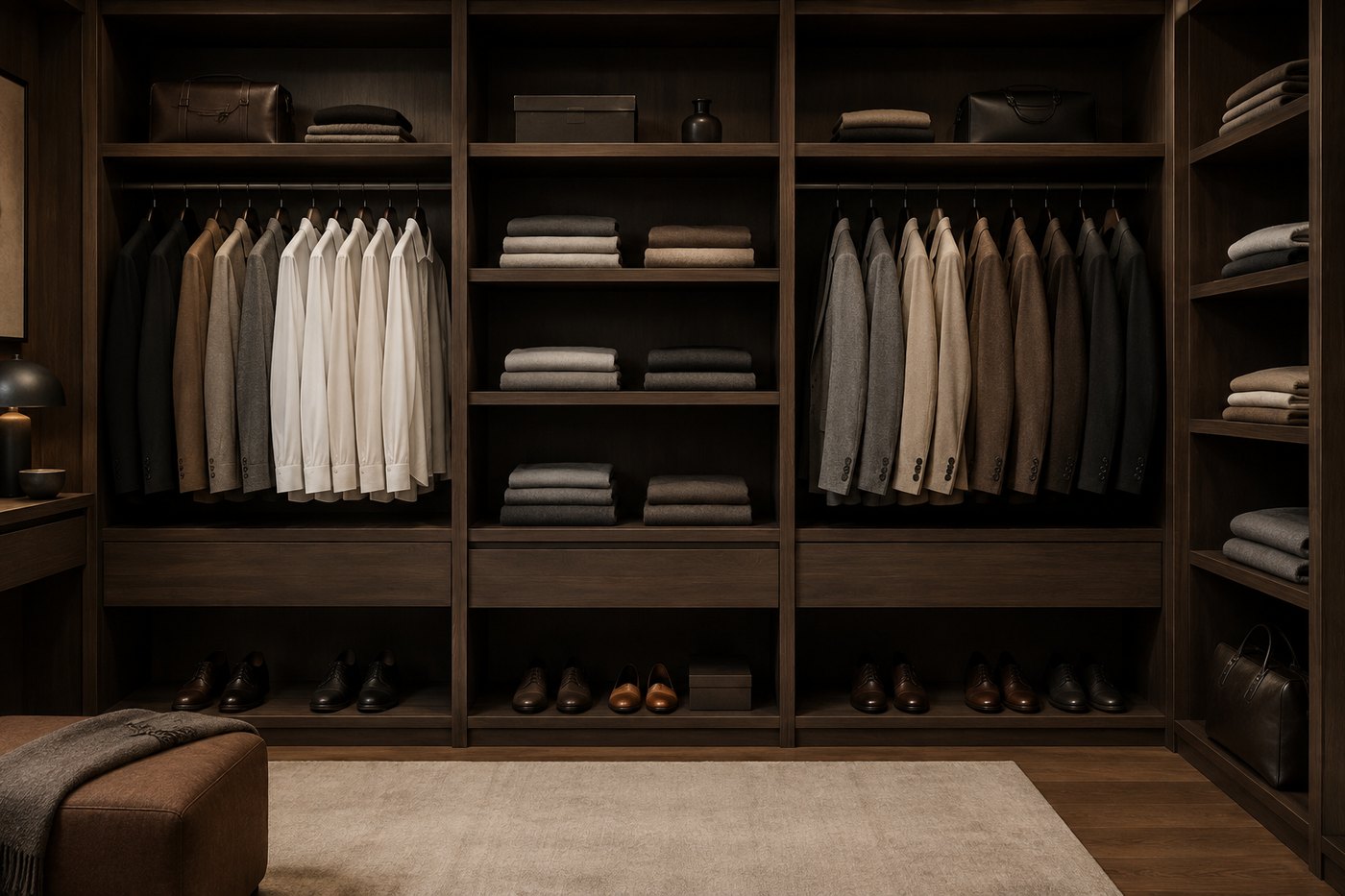 Guarda-roupa organizado, com peças em tons neutros separadas por categoria