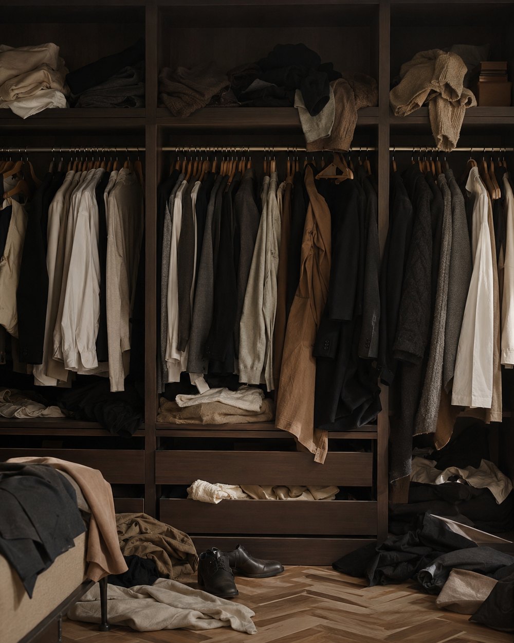 Guarda-roupa desorganizado, com roupas amontoadas nas prateleiras e no chão